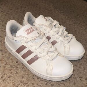 Adidas White Sneakers with Pink Stripes